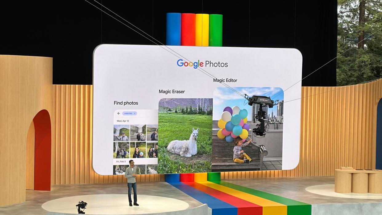  Google Photos magic eraser tool being shown on the stage. 