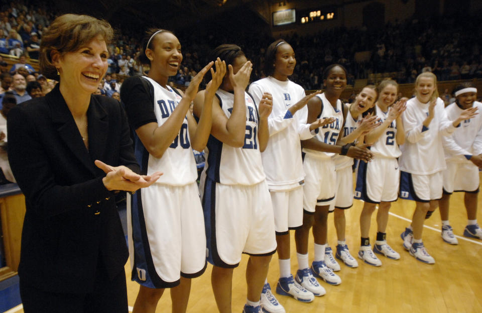 FILE - Then-Duke head coach Gail Goestenkors celebrates her team's 67-62 win over North Carolina after a basketball game in Durham, N.C. on Feb. 25, 2007. Goestenkors, a Women's Basketball Hall of Famer and Kentucky women’s basketball assistant, has retired from on-court coaching but will remain on coach Kyra Elzy’s staff until her replacement is hired. (AP Photo/Sara D. Davis, File)