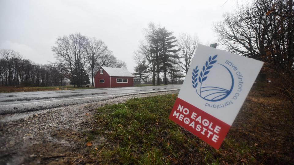 Signage seen in Eagle Township opposing a megasite in the farming community, seen Wednesday, April 5, 2023.