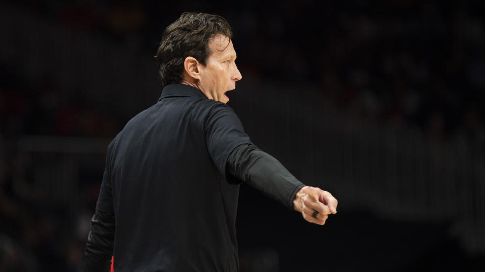 Atlanta Hawks head coach Quin Snyder points during the first half of an NBA basketball game against the Memphis Grizzlies, Sunday, March 26, 2023, in Atlanta. (AP Photo/Hakim Wright Sr.)