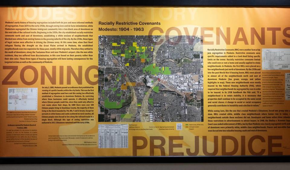 An exhibit in Founders’ Hall at Modesto Junior College displays research conducted by students show Modesto’s history of segregation, the lost Chinatown and Dust Bowl refugees in the Airport District.