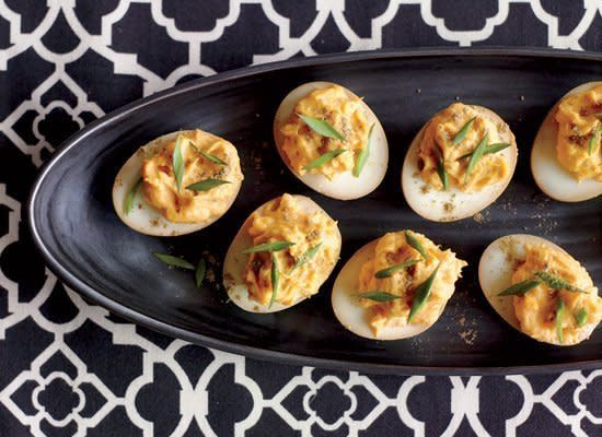 <strong>Get the <a href="http://www.huffingtonpost.com/2011/10/27/sriracha-and-wasabi-devil_n_1059601.html" target="_hplink">Sriracha-and-Wasabi Deviled Eggs recipe</a></strong>