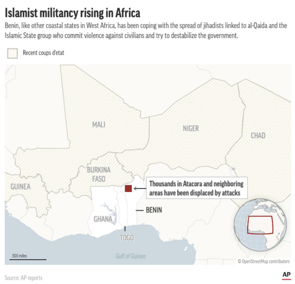 Benin has been hard hit by violence at the hands of Islamist militants linked to al-Qaida and the Islamic State group. (AP Digital Embed)