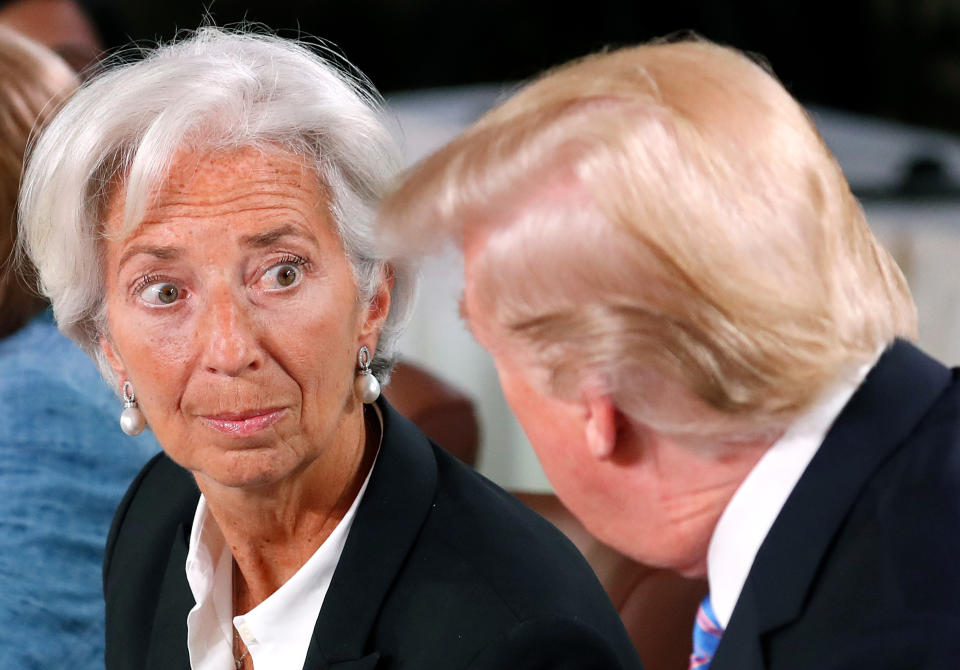 <p>President Donald Trump and Managing Director of the International Monetary Fund Christine Lagarde chat while they attend a G7 and Gender Equality Advisory Council meeting as part of a G7 summit in the Charlevoix city of La Malbaie, Quebec, Canada, June 9, 2018. (Photo: Yves Herman/Reuters) </p>