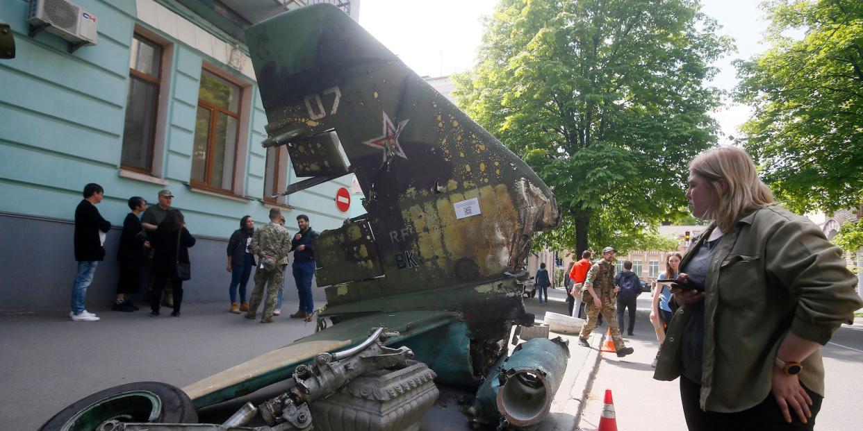 Destroyed Russian Su-25 jet crash on display in Kyiv Ukraine