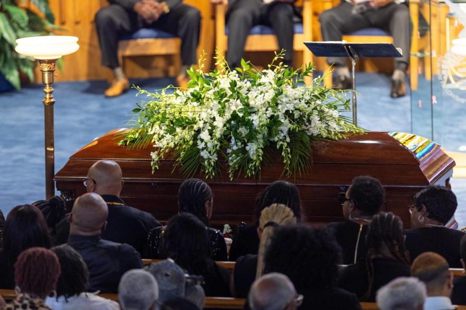 The casket of former Miami Gardens Mayor Shirley Murray Gibson during a celebration of life at New Way Fellowship and Praise Worship Center in Miami Gardens, Florida, on Tuesday, October 24, 2023.
