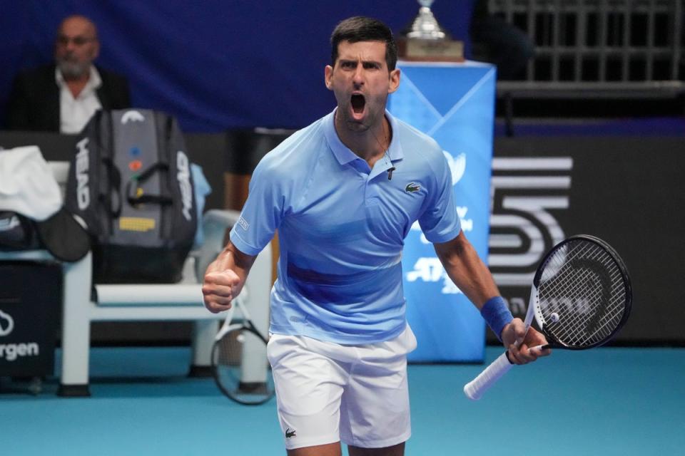 Novak Djokovic, pictured, defeated Roman Safiullin to reach the final in Tel Aviv (Ariel Schalit/AP) (AP)