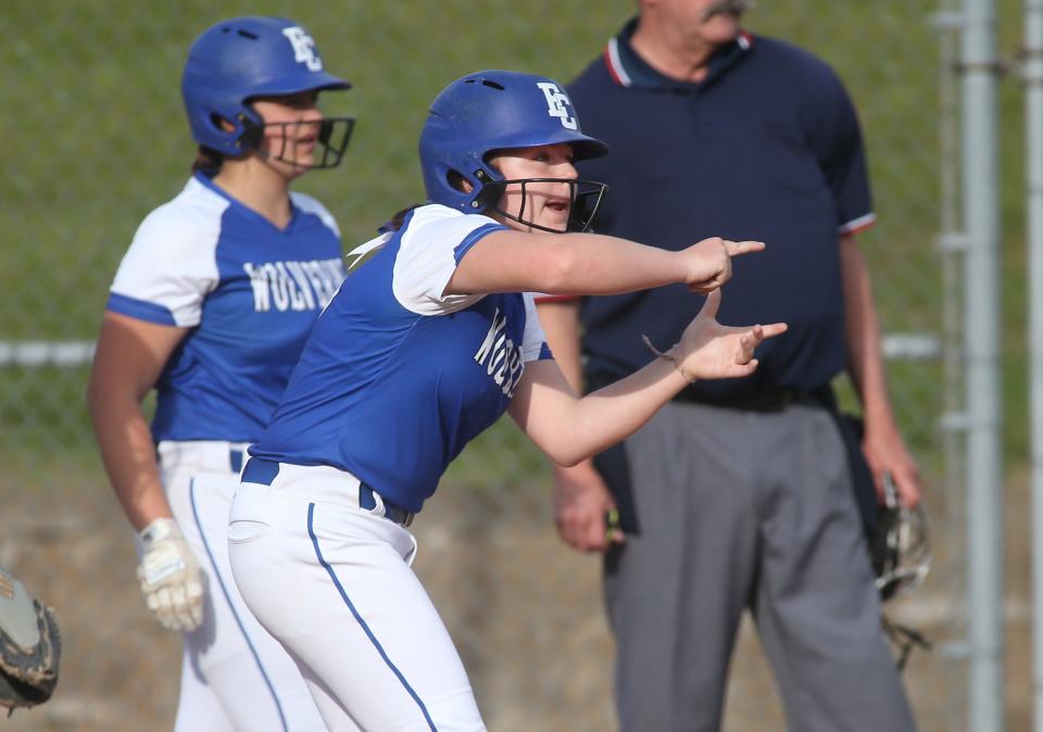 Ellwood City's Julia Nardone (16) calls out to her teammates after scoring in the fourth inning against Yough during the first round of the WPIAL 3A Playoffs Tuesday evening at North Allegheny High School.