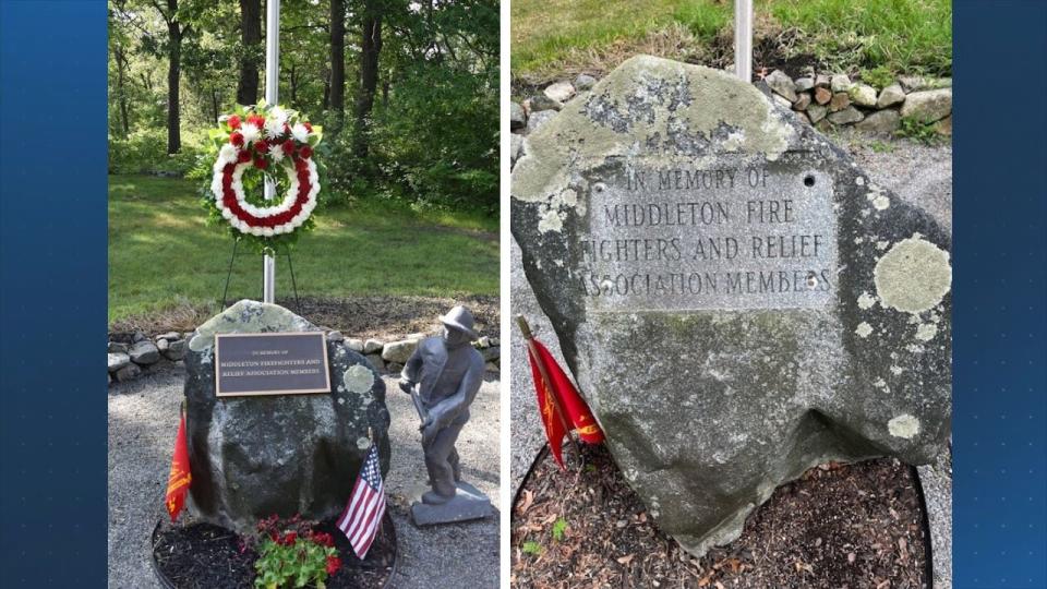 A before (left) and after (right) picture of the Middleton Police and Fire Memorial at Oakdale Cemetery.