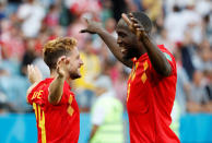 <p>Double act: Dries Mertens celebrates scoring with Romelu Lukaku. (REUTERS/Francois Lenoir) </p>