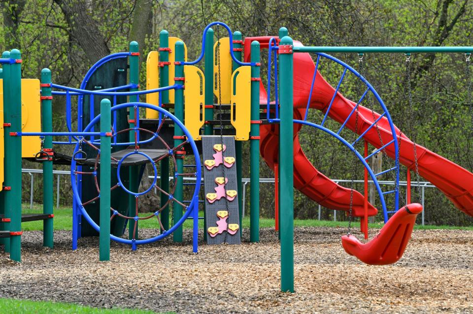 The current playground equipment at Lions Community Park in pictured Wednesday, May 11, 2022, in Sartell. Area Lions clubs are partnering with the school district to build a new inclusive playground at the site. 