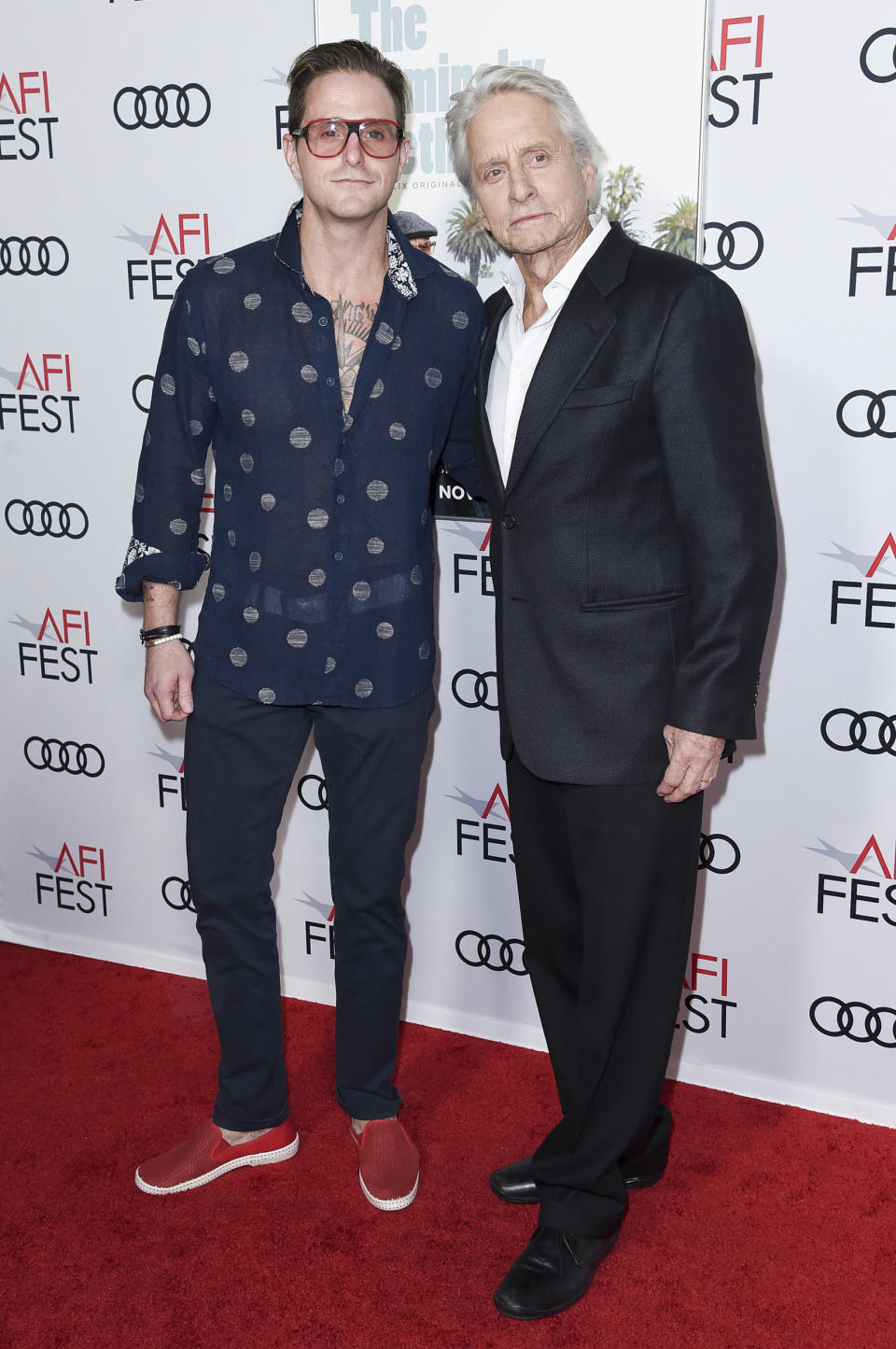 Cameron Douglas, left, and Michael Douglas attend the world premiere of "The Kominsky Method" during the 2018 AFI Fest at the Egyptian Theatre on Friday, Nov. 9, 2018, in Los Angeles. (Photo by Richard Shotwell/Invision/AP)