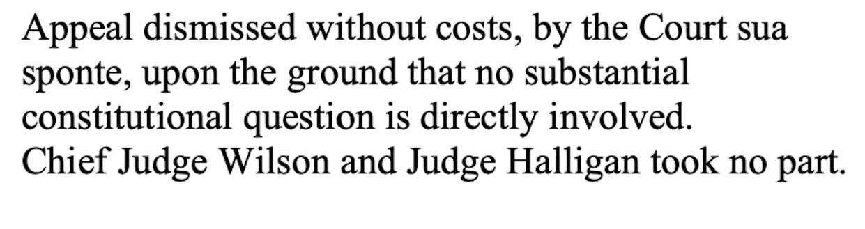 This is a photo of the New York Court of Appeals' two-sentence dismissal of Donald Trump's hush-money gag order appeal.