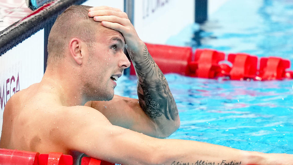 Pictured here, Kyle Chalmers looks on in disbelief after being pipped to gold in the 100m freestyle.