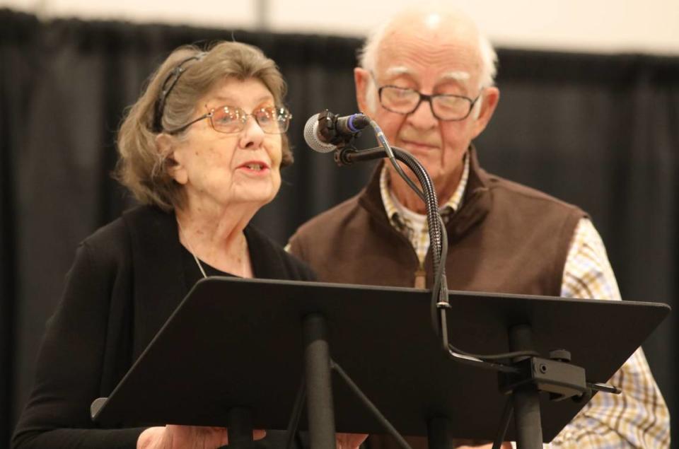 Bill and Fredda Moody give testimony of lacking access to efficient elder care during BUILD’s 2024 Nehemiah Action Assembly at Central Bank Center in Lexington, Ky., on April 30, 2024.