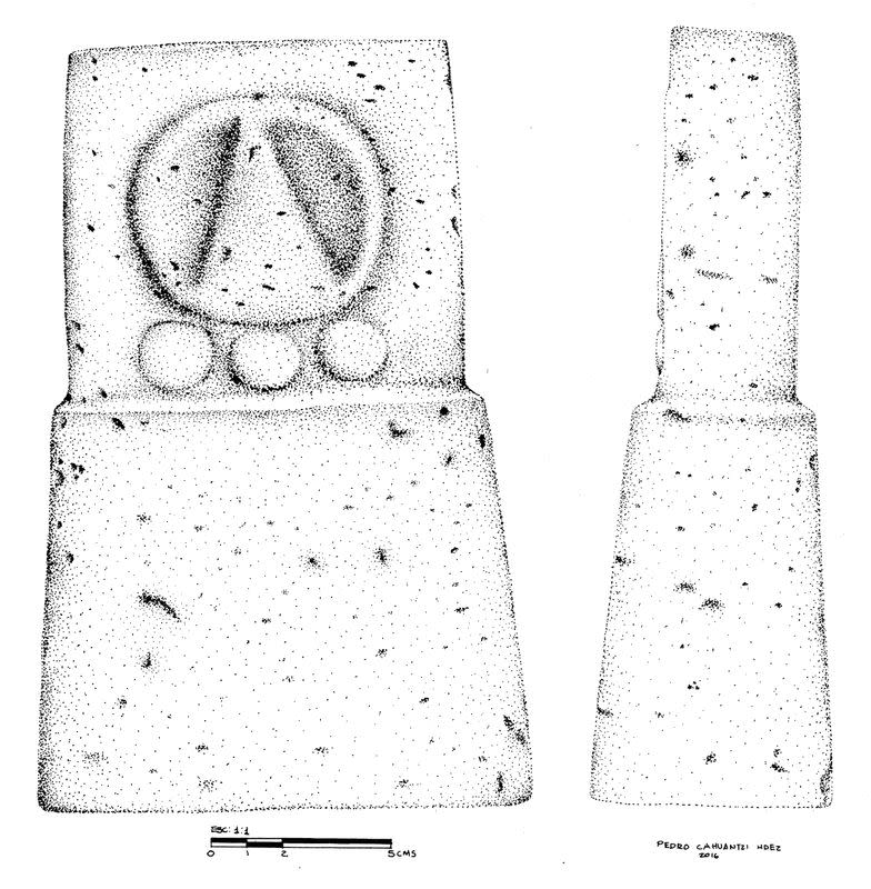 A drawing of a likely date glyph from a miniature altar sculpture is shown, containing the most recent example of Teotihuacan writing found at the site