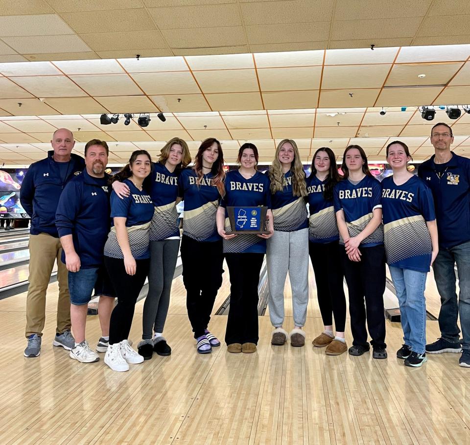 The Indian Hills girls bowling team won its first sectional championship at the North 1 tournament in Hackensack on Saturday, Feb. 18, 2023. The Braves defeated Mahwah for the Group 1 title, 2,455-2,428.