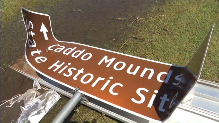 Photos of the aftermath of the tornado at the Caddo Mounds State Historic Site in 2019