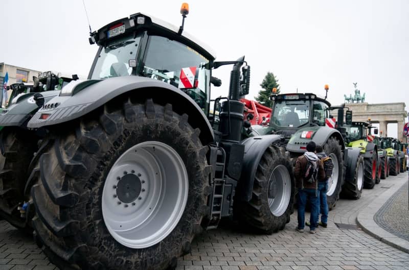 Tractors stand at the Brandenburg Gate during a protest. German chicken farmers are switching over to white hens in growing numbers, meaning that the brown eggs long familiar to German consumers could disappear from supermarket shelves in the coming years. Kay Nietfeld/dpa