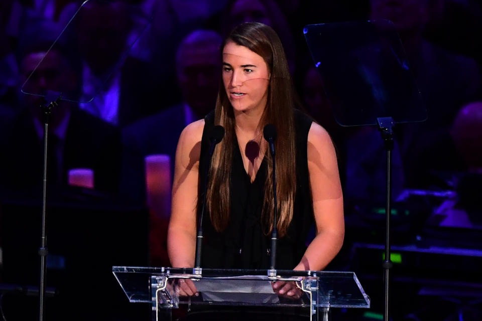 US college basketball player Sabrina Ionescu speaks during the "Celebration of Life for Kobe and Gianna Bryant" service at Staples Center in Downtown Los Angeles on February 24, 2020. (Photo by Frederic J. BROWN / AFP) (Photo by FREDERIC J. BROWN/AFP via Getty Images)