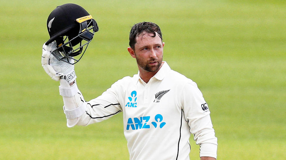 Seen here, Devon Conway salutes his teammates after a century on debut for New Zealand.