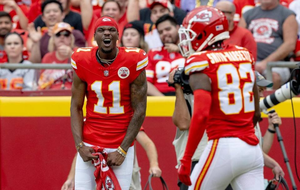Kansas City Chiefs wide receiver Marquez Valdes-Scantling (11) celebrates a touchdown scored by wide receiver Ihmir Smith-Marsette (82) during an NFL preseason football game against the Cleveland Browns on Saturday, Aug. 26, 2023, in Kansas City.