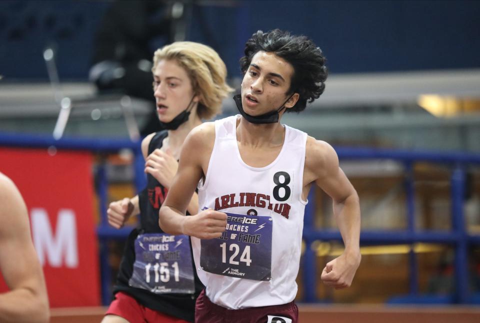 Arlington's Ethan Green runs the invitational mile during the Energice Coaches Hall of Fame Invitational at The Armory Track & Field Center in New York on Saturday, December 18, 2021. 