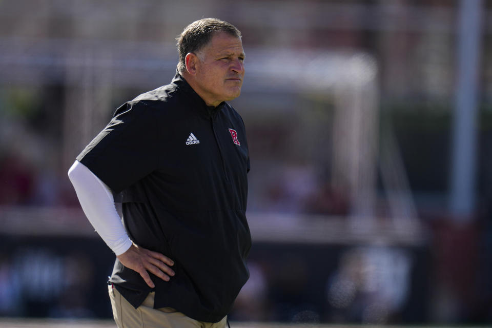 Rutgers head coach Greg Schiano paces the sideline during the first half of an NCAA college football game against Indiana in Bloomington, Ind., Saturday, Oct. 21, 2023. Rutgers defeated Indiana 31-14. (AP Photo/Michael Conroy)