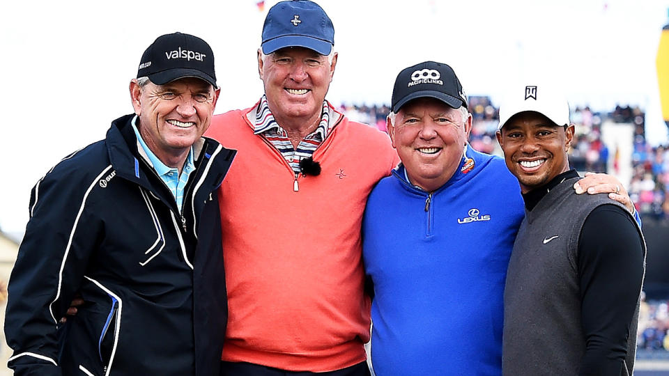 Nick Price, Tom Weiskopf, Mark O'Meara and Tiger Woods, pictured here at the Open Championship in 2015.