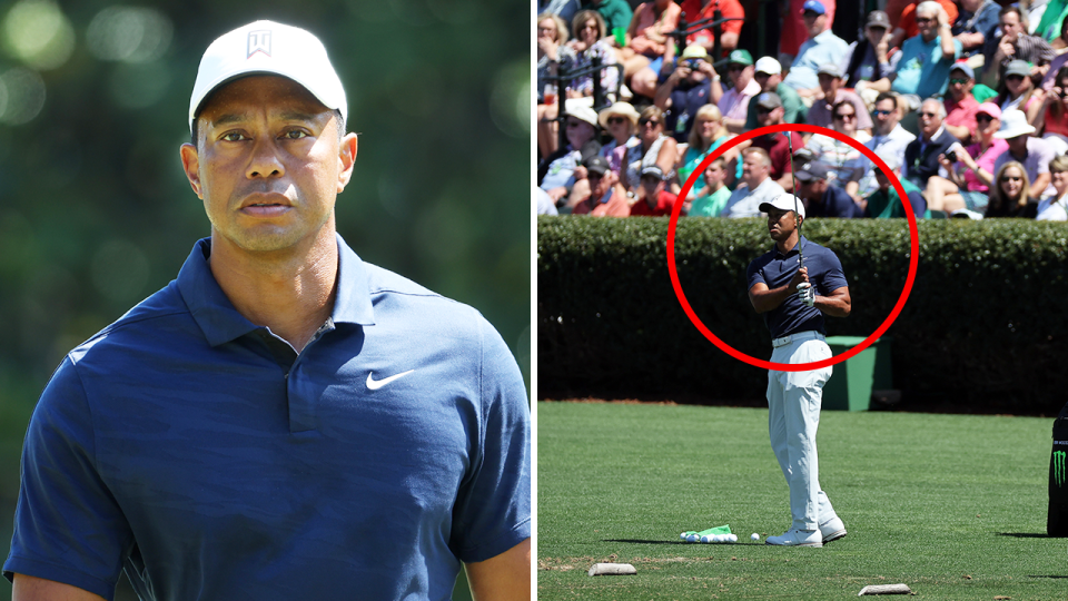 Tiger Woods (pictured left) walking during practice and (pictured right) hitting a shot at Augusta.