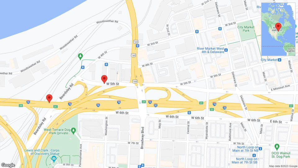 A detailed map that shows the affected road due to 'US-169 South: bridge closed between West Fifth Street and I-70 West' on October 16th at 2:02 p.m.