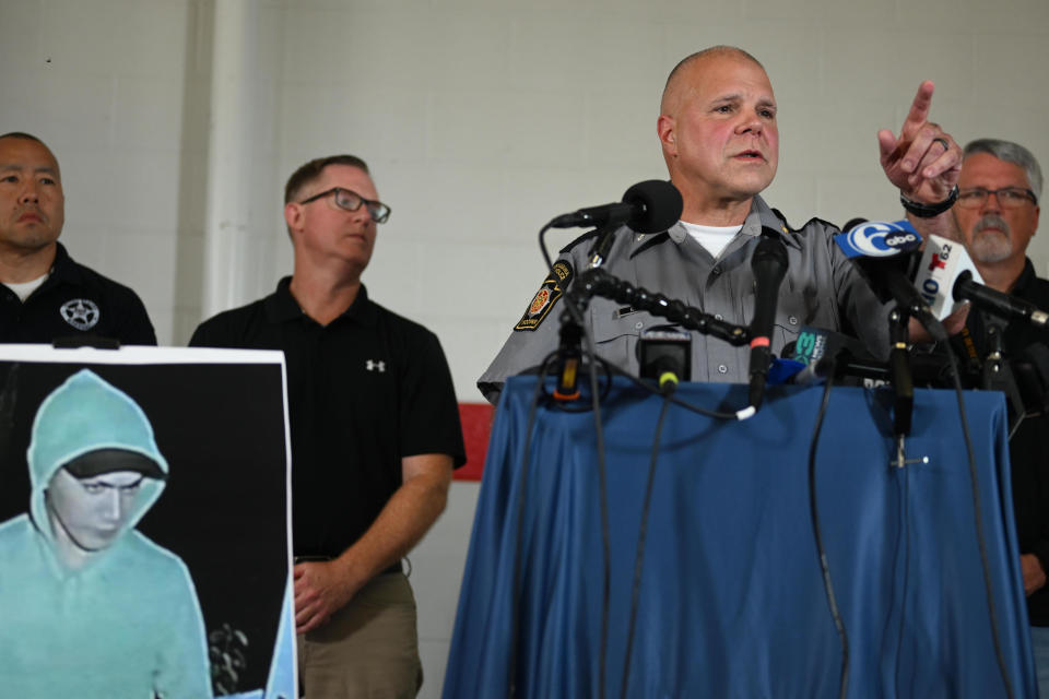 Lt. Col. George Bivens of the Pennsylvania State Police briefs the media on developments in the manhunt for convicted murderer Danelo Cavalcante at Po-Mar-Lin Fire Company on Sept. 10, 2023, in Kennett Square, Pennsylvania.  / Credit: Getty Images
