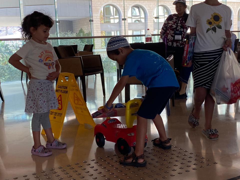 Toy distribution at the hotel in Tel Aviv: the social services of Israel provided toys for kids whose families were displaced by the battle outside the Gaza Strip.