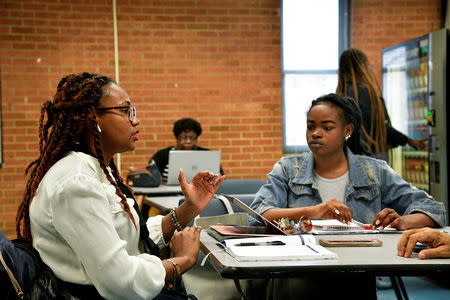 Common Cause coordinator Vashti Smith, left, and junior Love Caesar hold a planning meeting for an upcoming "vote-in" rally at North Carolina A&T University in Greensboro, North Carolina, U.S. March 13, 2019. Picture taken March 13, 2019. REUTERS/Charles Mostoller