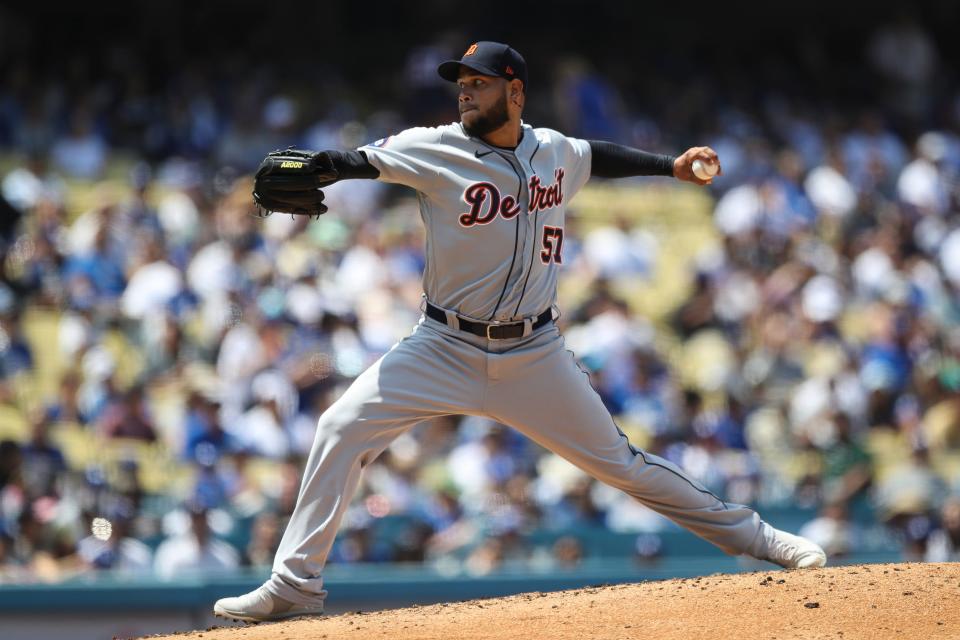Eduardo Rodriguez of the Detroit Tigers pitches in the second inning against the Los Angeles Dodgers at Dodger Stadium in Los Angeles on Sunday, May 1, 2022.