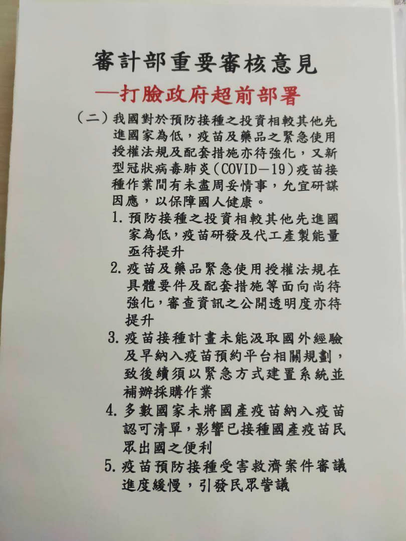 審計部針對疫苗採購審查的報告。（圖／國民黨立院黨團提供）