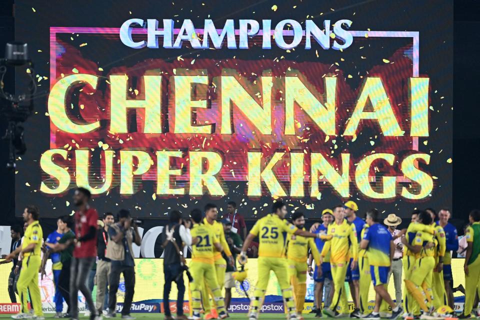 Chennai Super Kings' players celebrate their win at the end of the Indian Premier League (IPL) Twenty20 final cricket match between Gujarat Titans and Chennai Super Kings at the Narendra Modi Stadium in Ahmedabad on May 30, 2023.