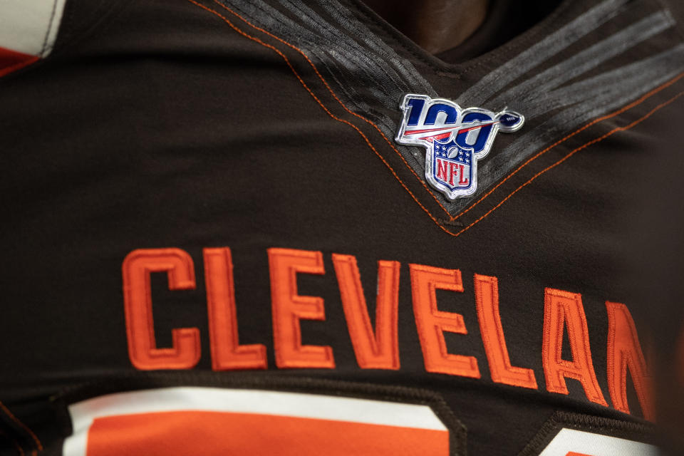 INDIANAPOLIS, IN - AUGUST 17: A detail view of the NFL 100 year logo on a Browns uniform before the week 2 NFL preseason game between the Cleveland Browns and the Indianapolis Colts on August 17, 2019 at Lucas Oil Stadium, in Indianapolis, IN. (Photo by Zach Bolinger/Icon Sportswire via Getty Images)