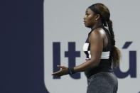 Mar 24, 2019; Miami Gardens, FL, USA; Sloane Stephens of the United States reacts after missing a shot against Tatjana Maria of Germany (not pictured) in the third round of the Miami Open at Miami Open Tennis Complex. Mandatory Credit: Geoff Burke-USA TODAY Sports