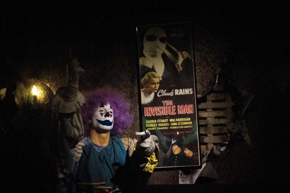 Decor is seen under spotlights at The Haunt, a horror-themed speakeasy inside Halloween attraction Slaughterhouse.