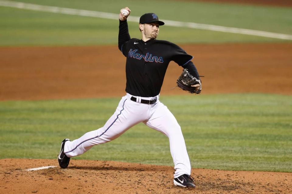 MIAMI, FLORIDA - MAY 07: Zach Pop #56 of the Miami Marlins delivers a pitch during the sixth inning against the Milwaukee Brewers at loanDepot park on May 07, 2021 in Miami, Florida. (Photo by Michael Reaves/Getty Images)