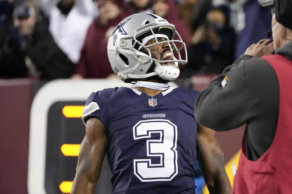 Dallas Cowboys wide receiver Brandin Cooks (3) celebrating his touchdown catch against Washington Commanders during the second half of an NFL football game, Sunday, Jan. 7, 2024, in Landover, Md. (AP Photo/Mark Schiefelbein)