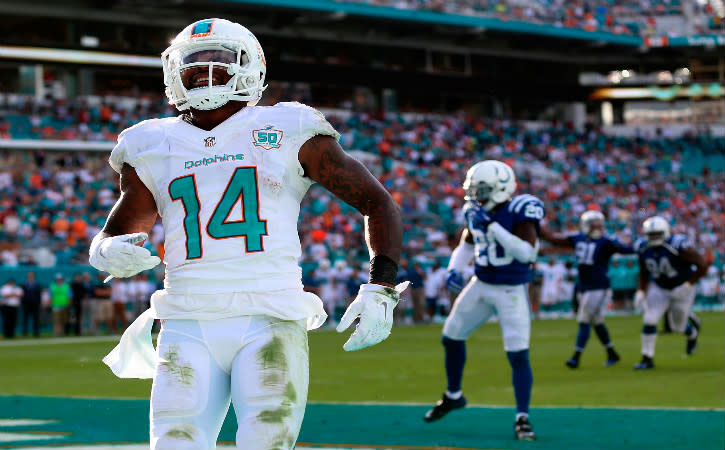 Dec 27, 2015; Miami Gardens, FL, USA; Miami Dolphins wide receiver Jarvis Landry (14) against the Indianapolis Colts during the second half at Sun Life Stadium. The Colts won 18-12. Mandatory Credit: Steve Mitchell-USA TODAY Sports