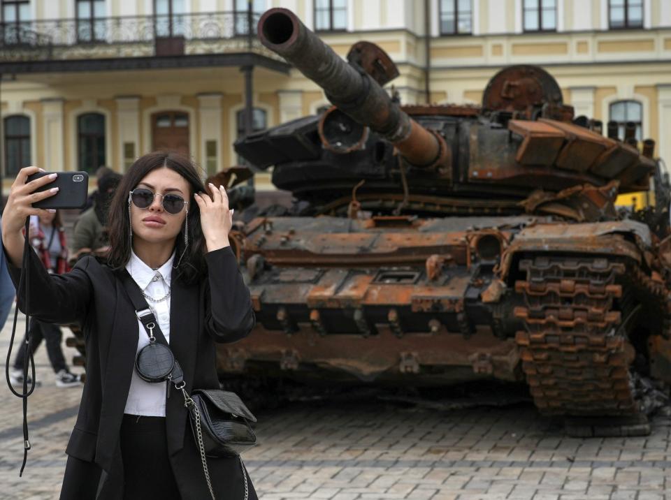 People view a Russian tank and armoured vehicles that have been put on display in Saint Michaels Square for public viewing on May 21, 2022 - Christopher Furlong/ Getty Images Europe