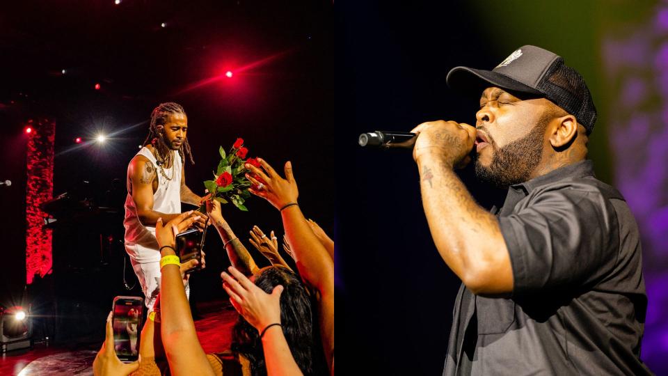 (left) Omarion serenading fans with roses. (right) pleasure p singing 