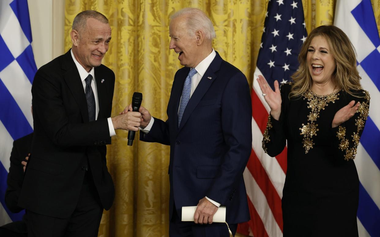 Joe Biden jokes with Tom Hanks and Rita Wilson while celebrating Greek Independence day on Wednesday - Chip Somodevilla/Getty Images North America