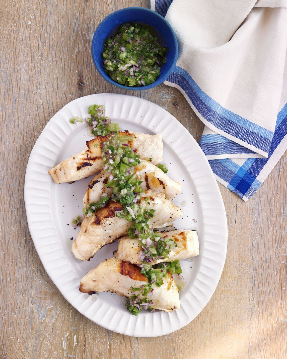 grilled sea bass with green tomato salsa