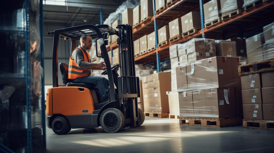 A forklift operator stacking shelves with packaged goods in a warehouse.