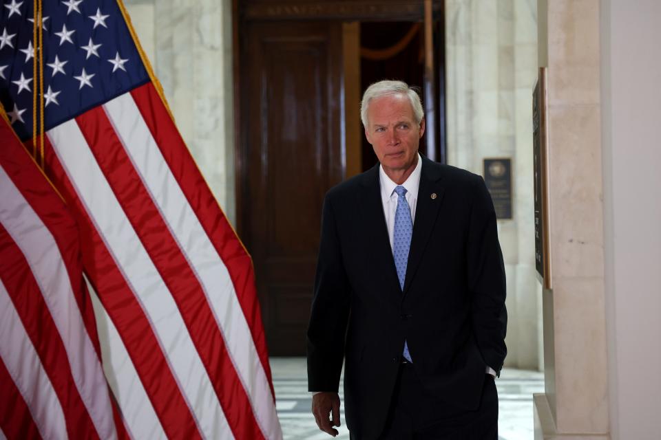Sen. Ron Johnson (R-WI) arrives at a news conference with Republican senators to discuss the origins of COVID-19 in June in Washington.