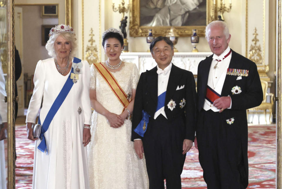 King Charles III and Queen Camilla host Japanese Emperor Naruhito and Empress Masako for a state banquet at Buckingham Palace in London on June 25, 2024. <span class="copyright">Kyodo News–Getty Images</span>